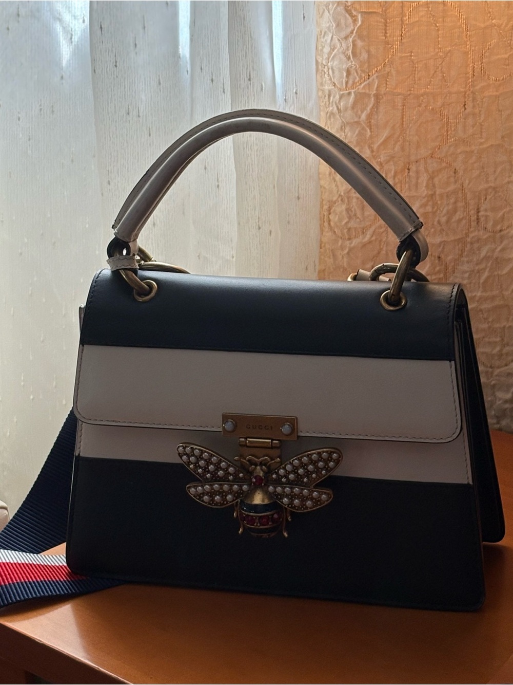 Gucci Black and Cream Top Handle Satchel with Jeweled Bee